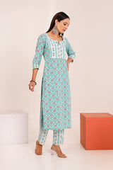 Buy Blue cotton Floral Hand Printed Kurta with Pant Online - Front