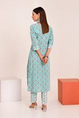 Buy Blue cotton Floral Hand Printed Kurta with Pant Online - Side