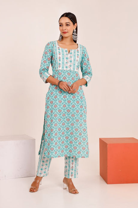 Buy Blue cotton Floral Hand Printed Kurta with Pant Online
