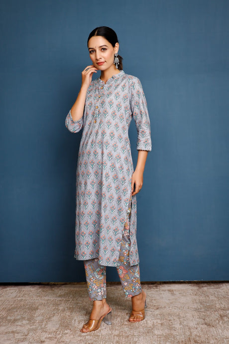 Buy grey cotton floral printed Kurta with Pant Online - Back