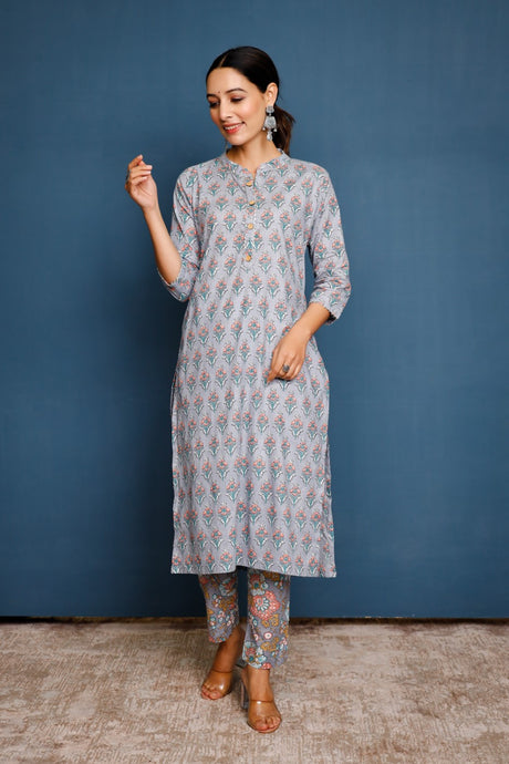 Buy grey cotton floral printed Kurta with Pant Online