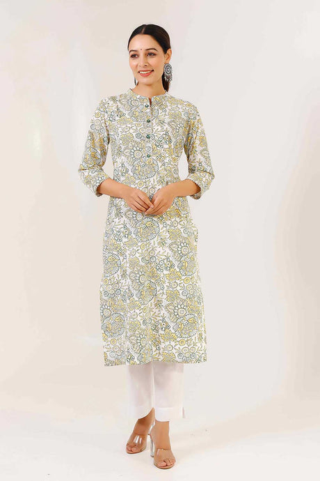 Buy Off white floral straight kurta with white cotton pant Online
