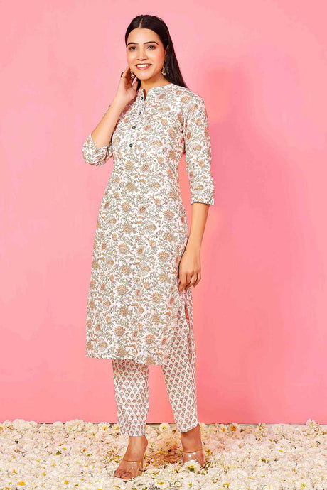 Buy Off white floral straight kurta with small booti print pants Online