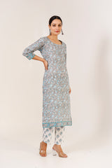 Buy grey cotton Floral Hand Printed Kurta with Pant Online - Back