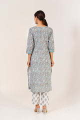 Buy grey cotton Floral Hand Printed Kurta with Pant Online - Side