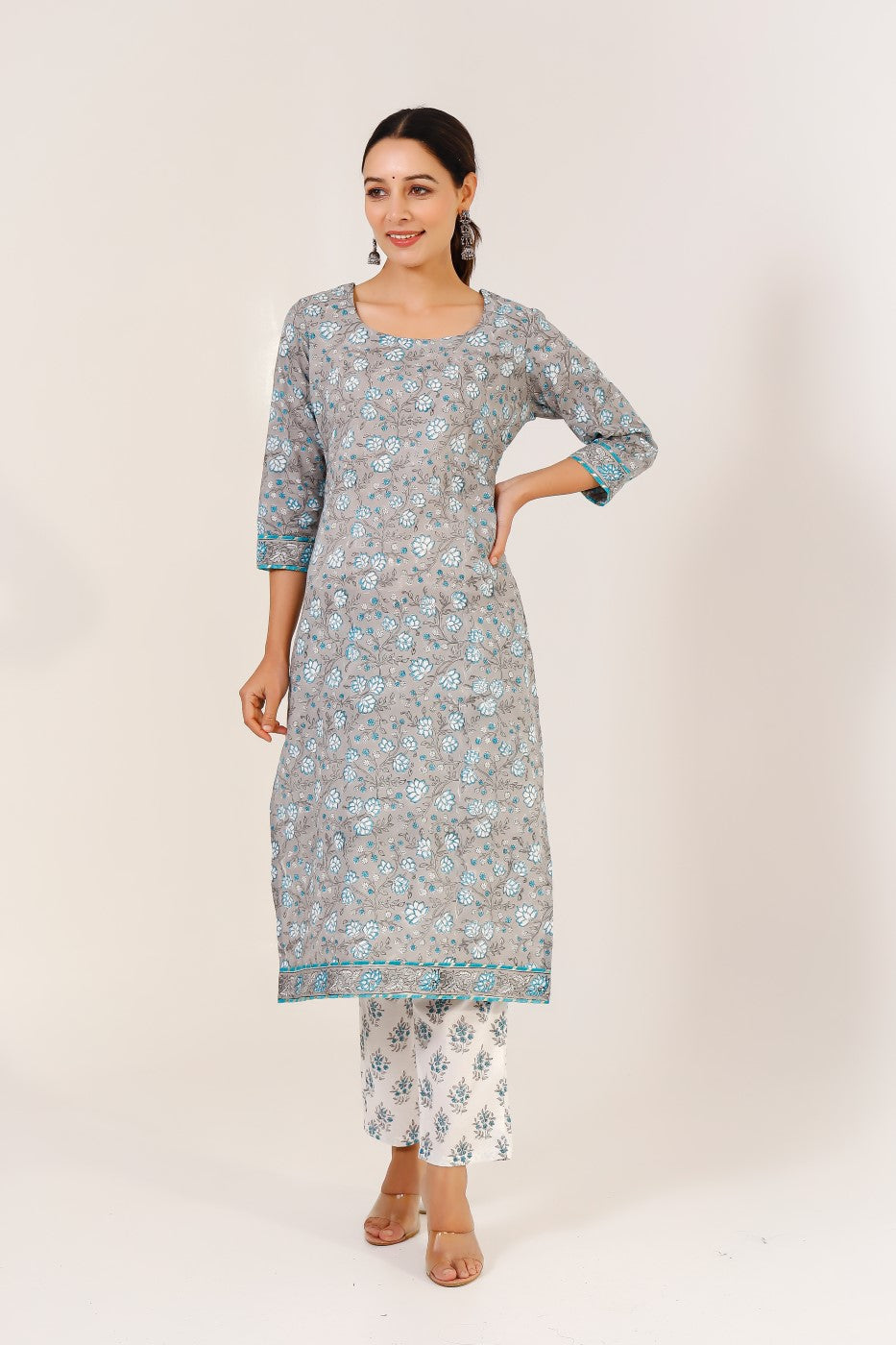 Buy grey cotton Floral Hand Printed Kurta with Pant Online