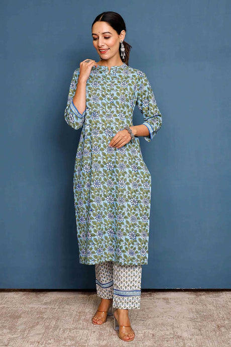 Buy Women sky blue floral hand printed kurta with white pants Online