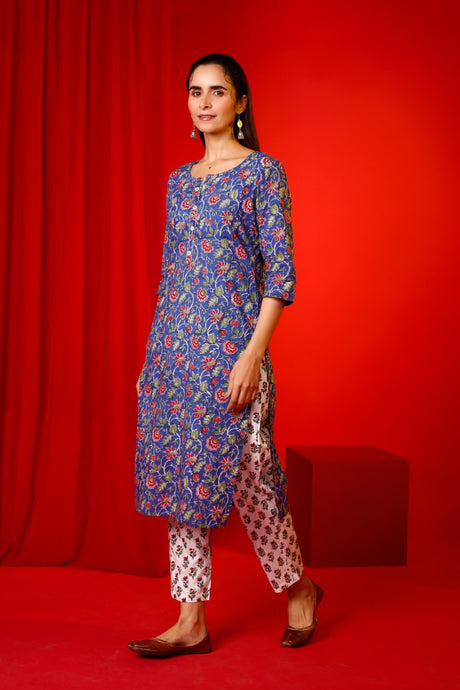 Buy Purple cotton floral printed Kurta with Pant Online - Back