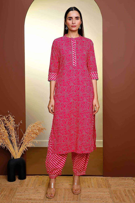 Buy Ethnic hand printed kurta with patiala pants in hot pink colour Online