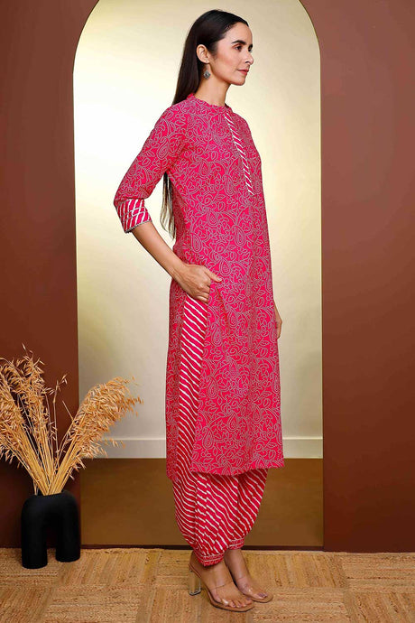 Buy Ethnic hand printed kurta with patiala pants in hot pink colour Online