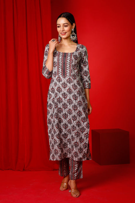 Buy brown  cotton Floral Hand Printed Kurta with Pant Online