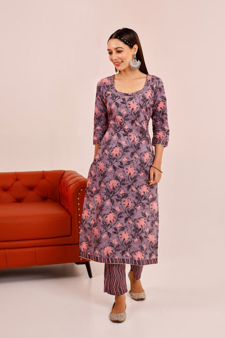 Buy Purple cotton Floral Hand Printed Kurta with Pant Online