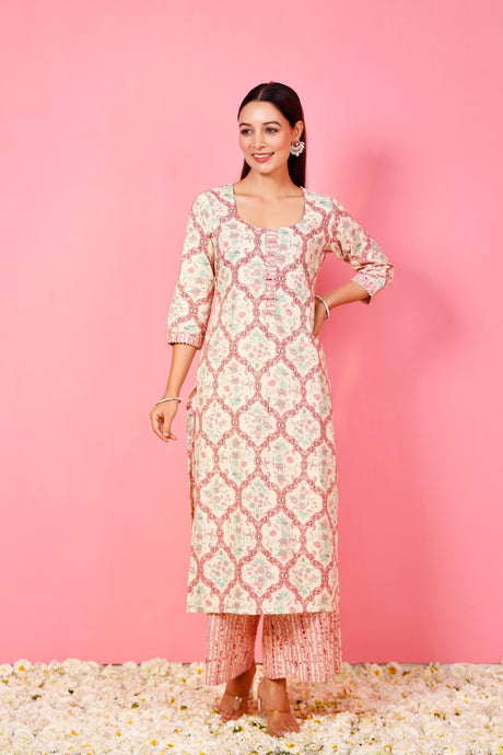 Buy cream cotton Geometric Hand Printed Kurta with Pant Online