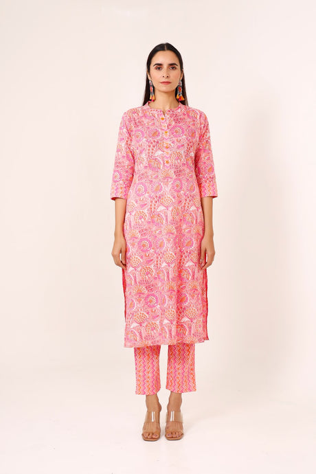 Buy Pink cotton floral printed Kurta with Pant Online