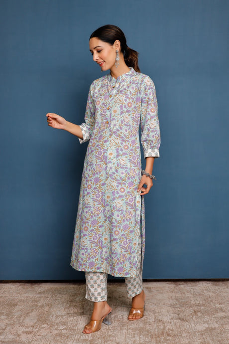 Buy Blue cotton floral printed Kurta with Pant Online - Back