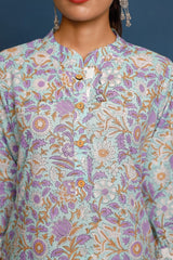 Buy Blue cotton floral printed Kurta with Pant Online - Zoom Out