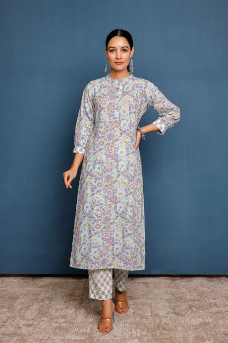 Buy Blue cotton floral printed Kurta with Pant Online