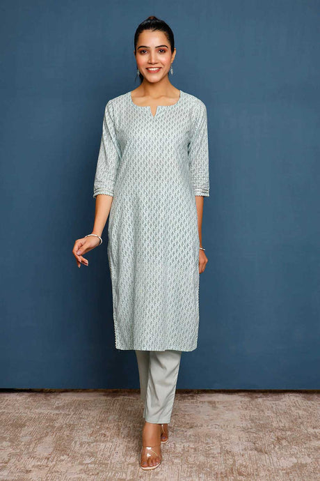Buy Mint green ethnic motifs hand printed kurta with solid trousers Online