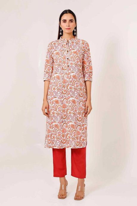 Buy Offwhite hand printed kurta with peach floral print & solid red pant  Online