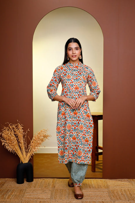 Buy Off-White cotton Geometric Hand Printed Kurta with Pant Online