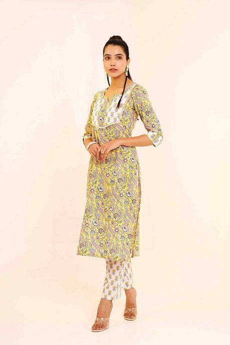 Buy Pure cotton hand printed straight kurta with pant Online