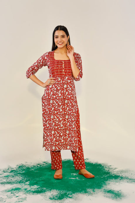 Buy Red cotton Floral Hand Printed Kurta with Pant Online
