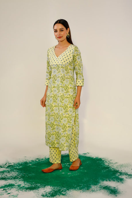 Buy yellow  cotton Floral Printed Kurta with Pant Online - Back