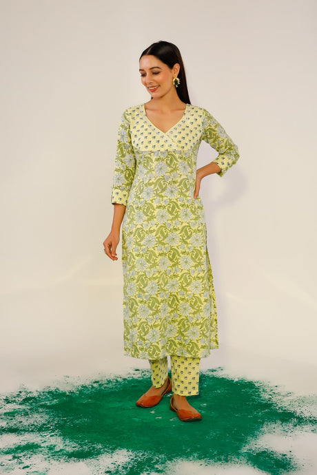 Buy yellow  cotton Floral Printed Kurta with Pant Online