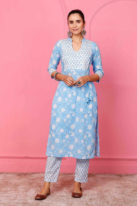 Buy Light blue  hand printed agarakha look kurta set Online