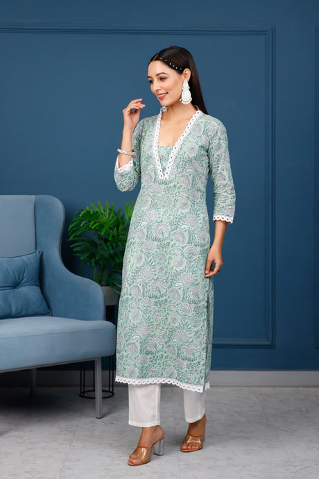Buy Green cotton Floral Hand Printed Kurta with Pant Online - Back