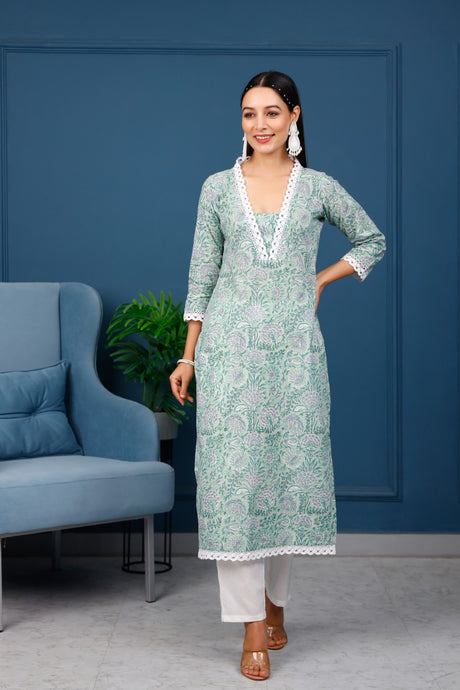 Buy Green cotton Floral Hand Printed Kurta with Pant Online