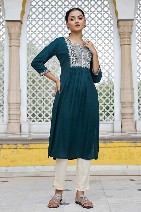 Teal Blue Embroidered Straight Kurta