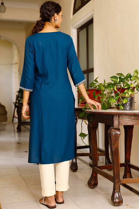 Navy Blue Embroidered Straight Kurta