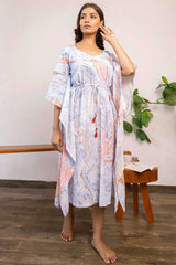 Blue Marble Printed Calf Length Kaftan