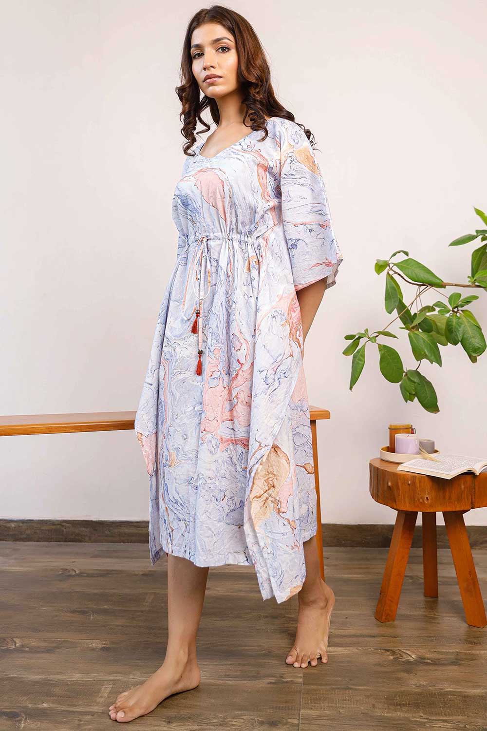 Blue Marble Printed Calf Length Kaftan