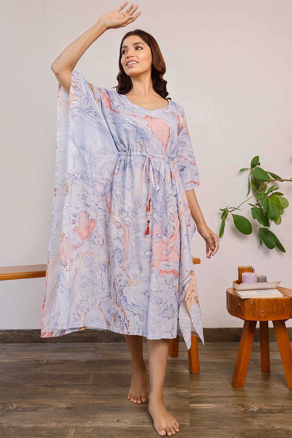 Blue Marble Printed Calf Length Kaftan