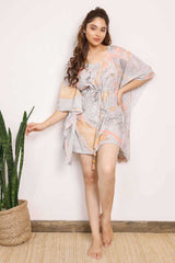 Brown And Orange Marble Printed Short Kaftan