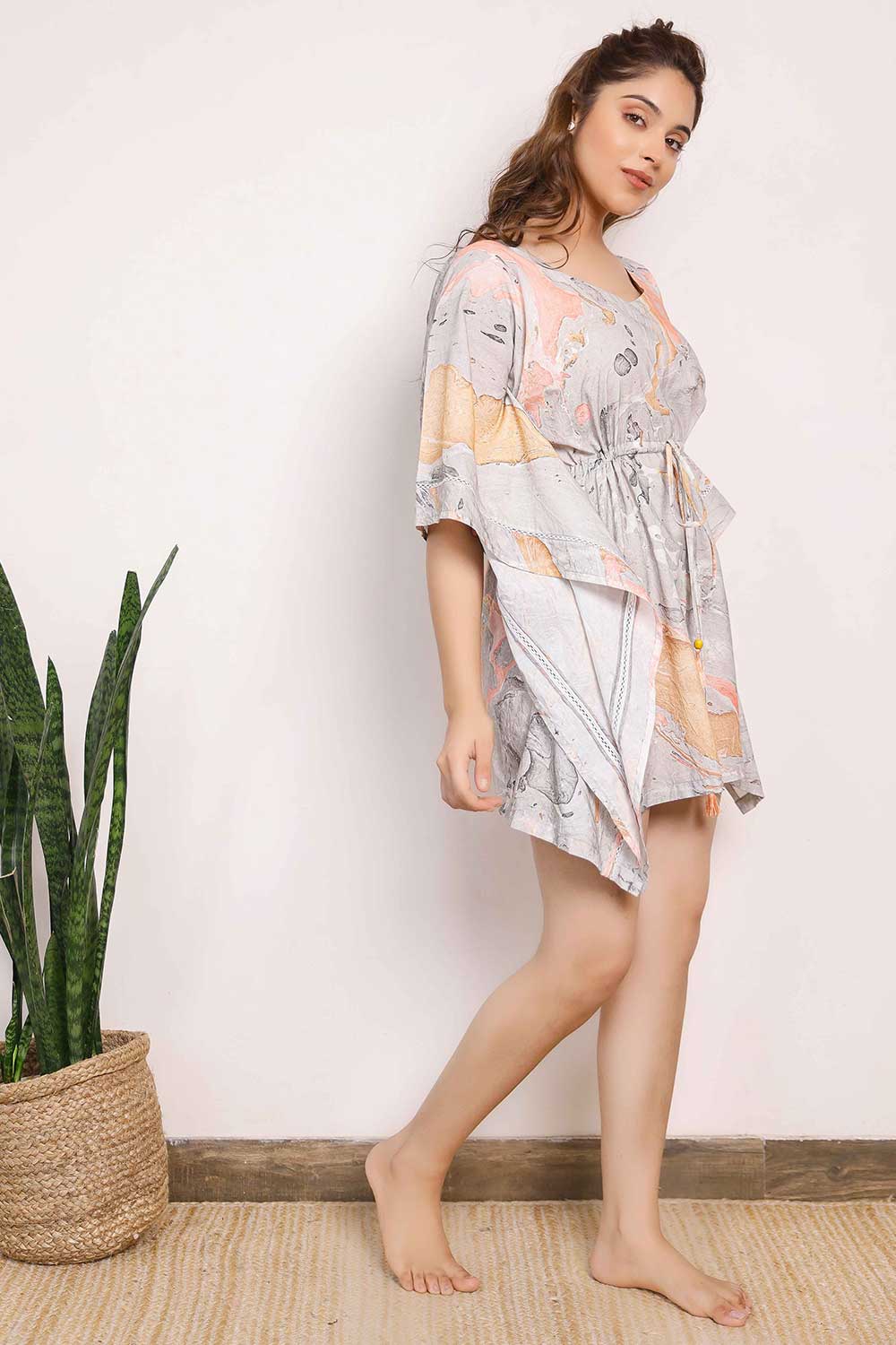 Brown And Orange Marble Printed Short Kaftan