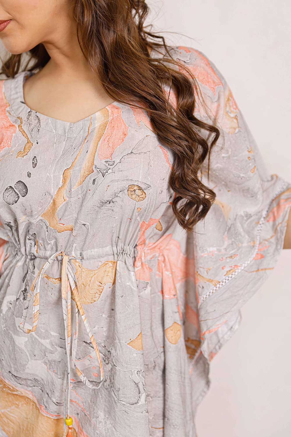 Brown And Orange Marble Printed Short Kaftan