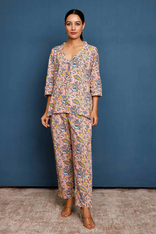 Women'S Pastel Blue Color Hand Block Printed Floral Co-Ord Set - Pheeta