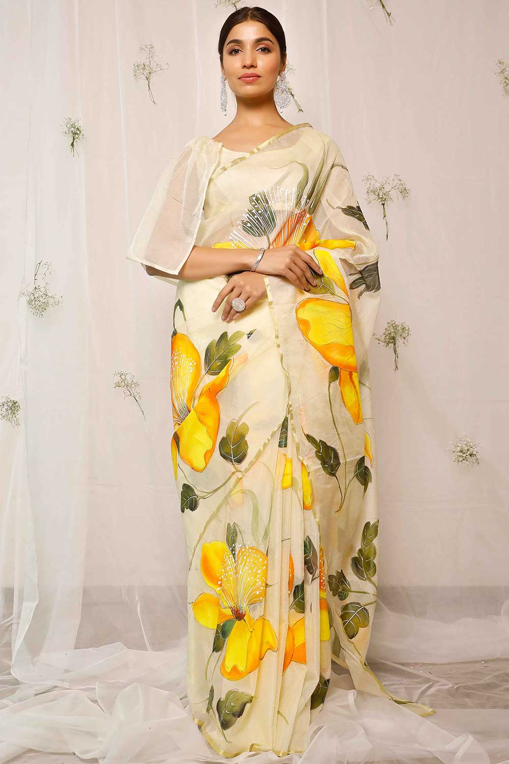 Hand Painted Hibiscus On Light Yellow Chanderi Saree