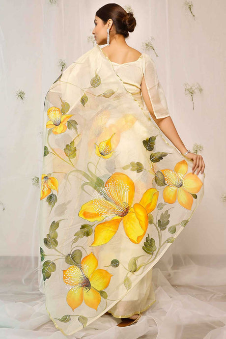 Hand Painted Hibiscus On Light Yellow Chanderi Saree