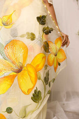 Hand Painted Hibiscus On Light Yellow Chanderi Saree