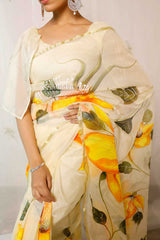 Hand Painted Hibiscus On Light Yellow Chanderi Saree