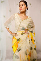 Hand Painted Hibiscus On Light Yellow Chanderi Saree