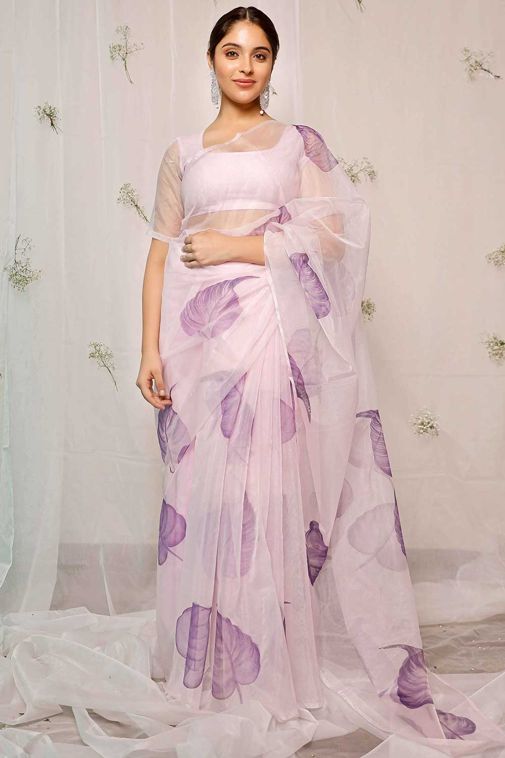 Hand Painted Purple Coleus On Light Purple Organza Saree