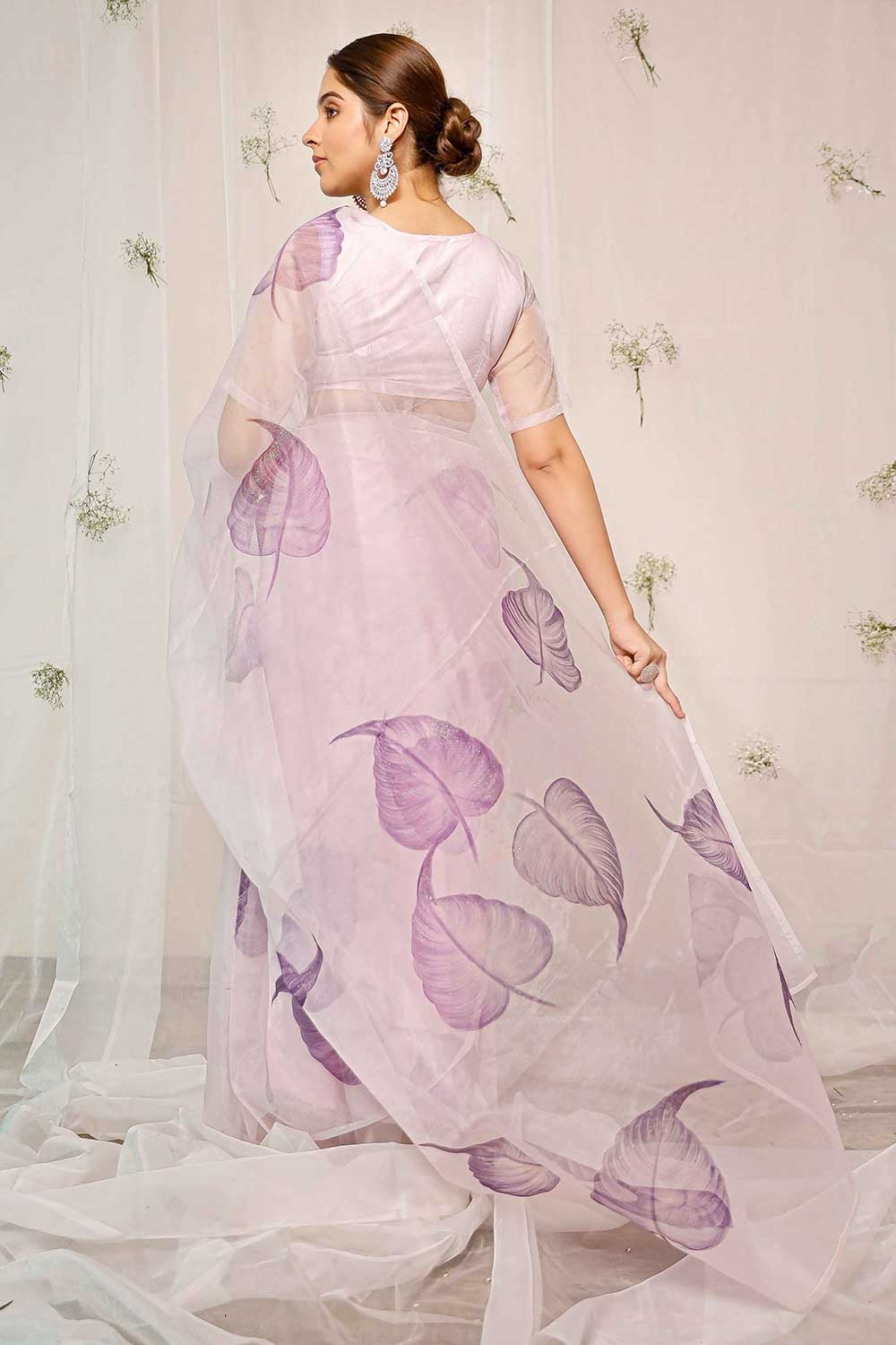 Hand Painted Purple Coleus On Light Purple Organza Saree