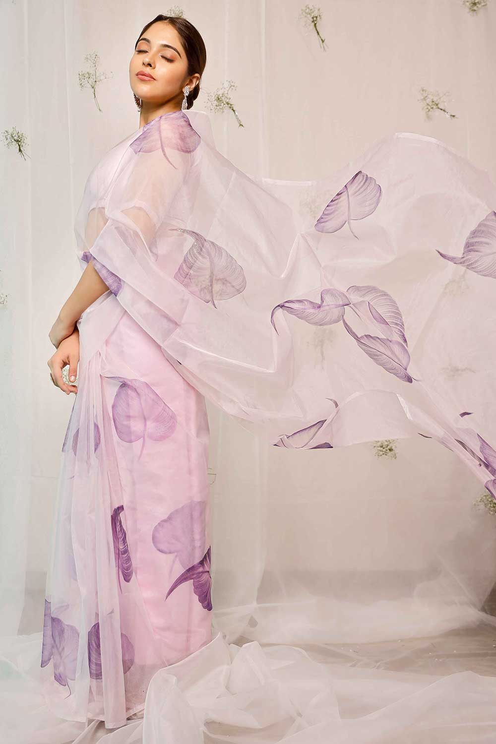 Hand Painted Purple Coleus On Light Purple Organza Saree