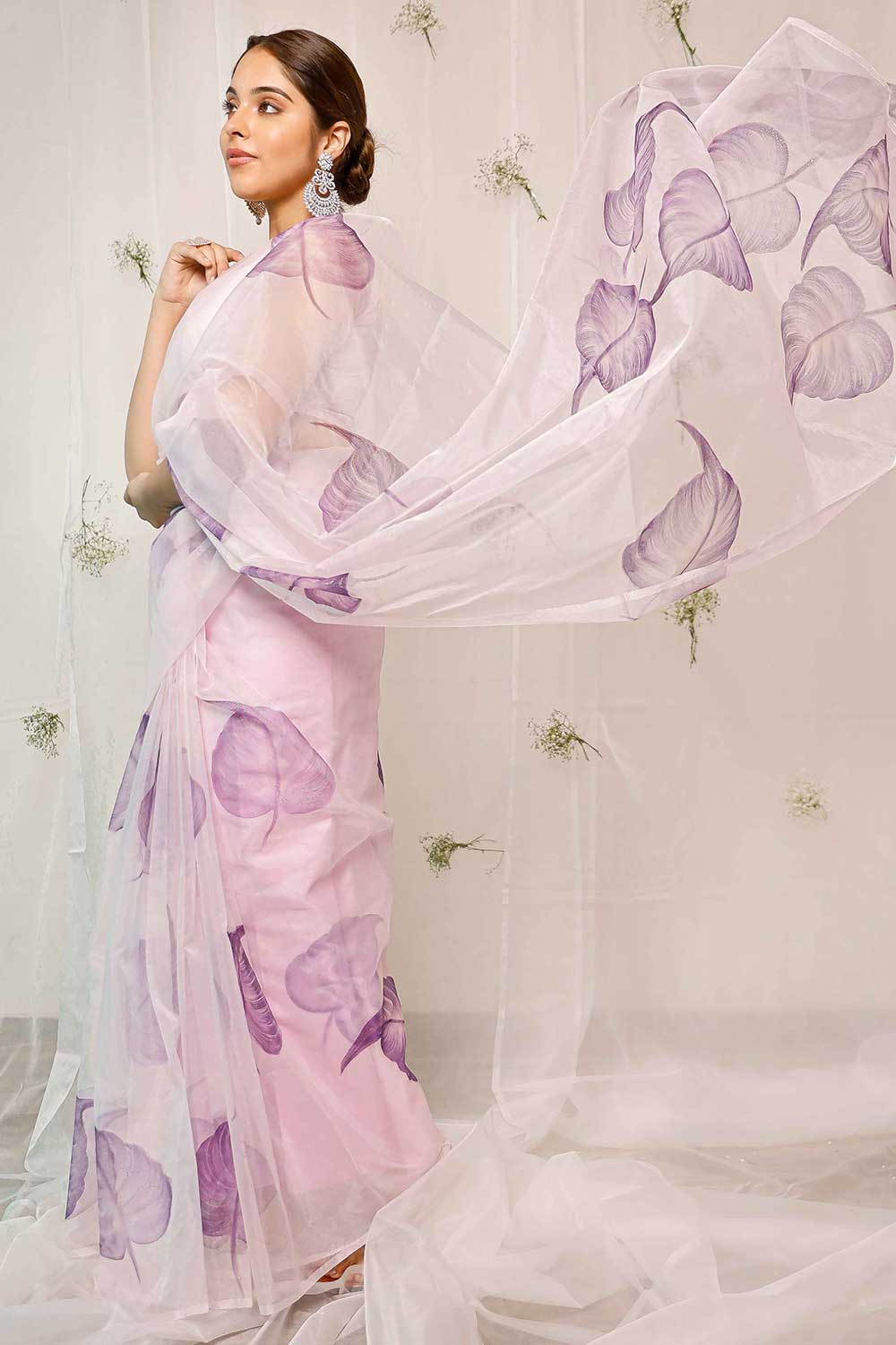 Hand Painted Purple Coleus On Light Purple Organza Saree