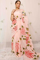 Peach Hand Painted Palm Leaves With Butterfly Chanderi Saree